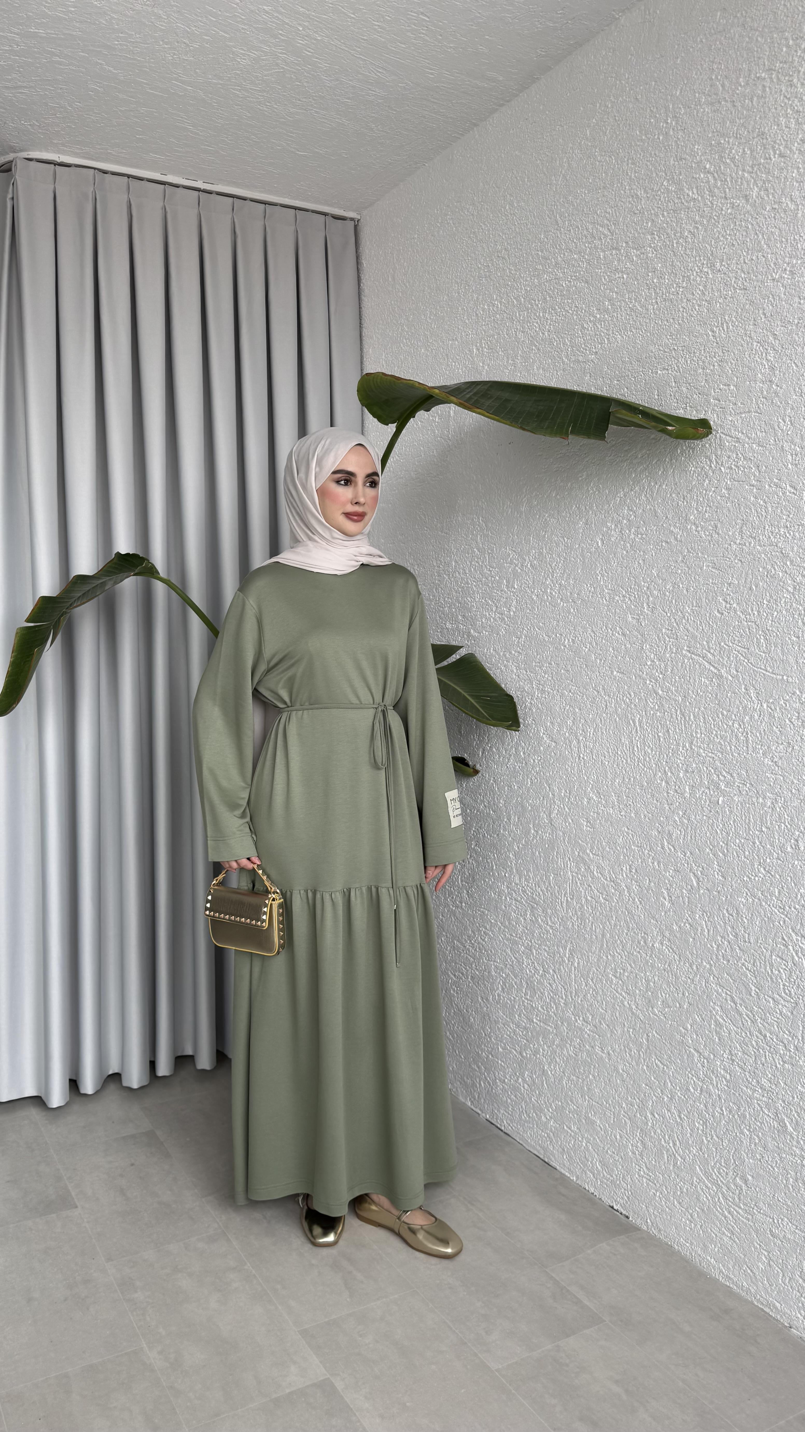 BİYE KEMERLİ İKİ İPLİK ELBİSE - HAKİ 
