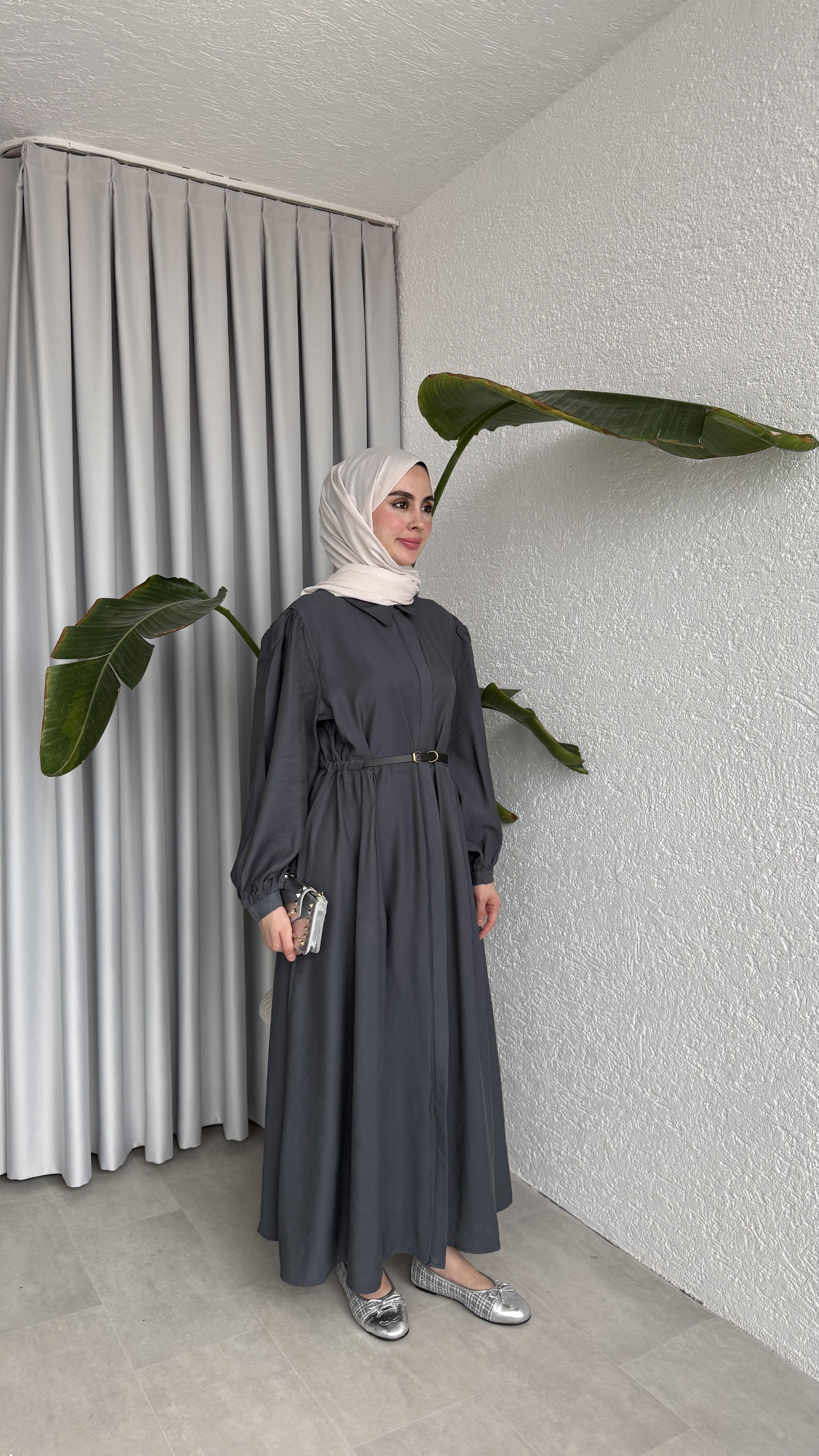 DERİ KEMERLİ ELBİSE -  ANTRASİT