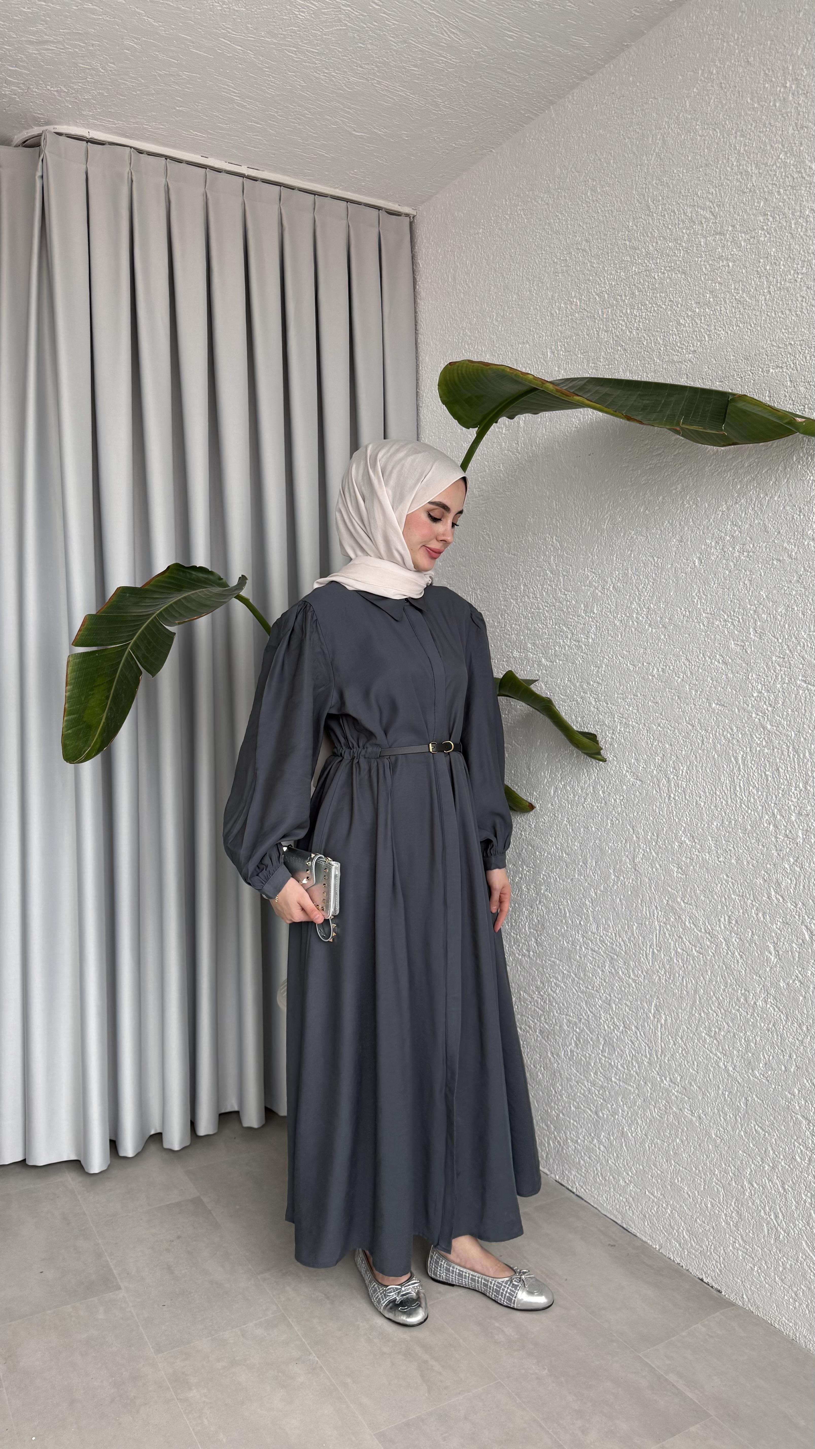 DERİ KEMERLİ ELBİSE -  ANTRASİT