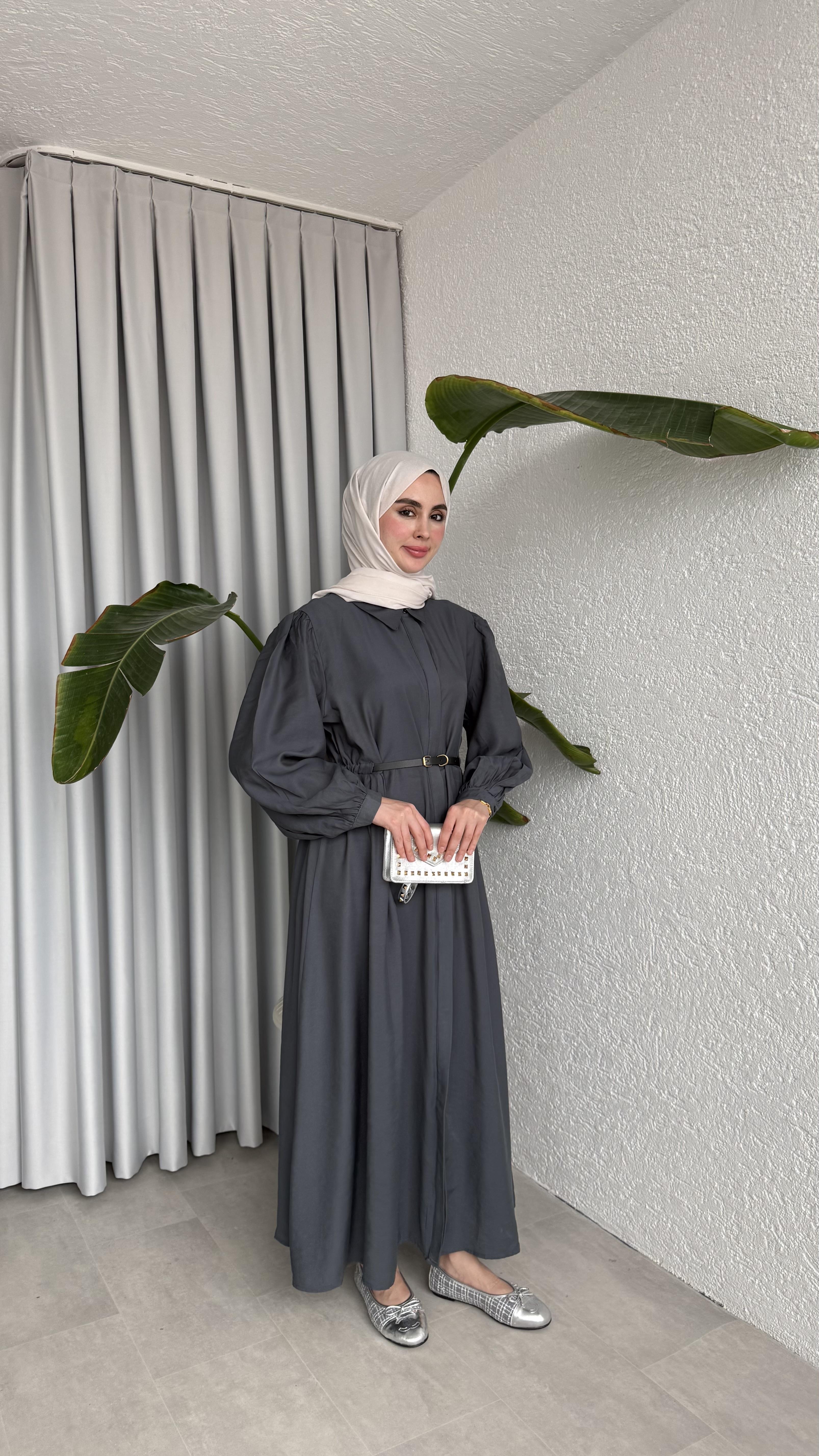 DERİ KEMERLİ ELBİSE -  ANTRASİT