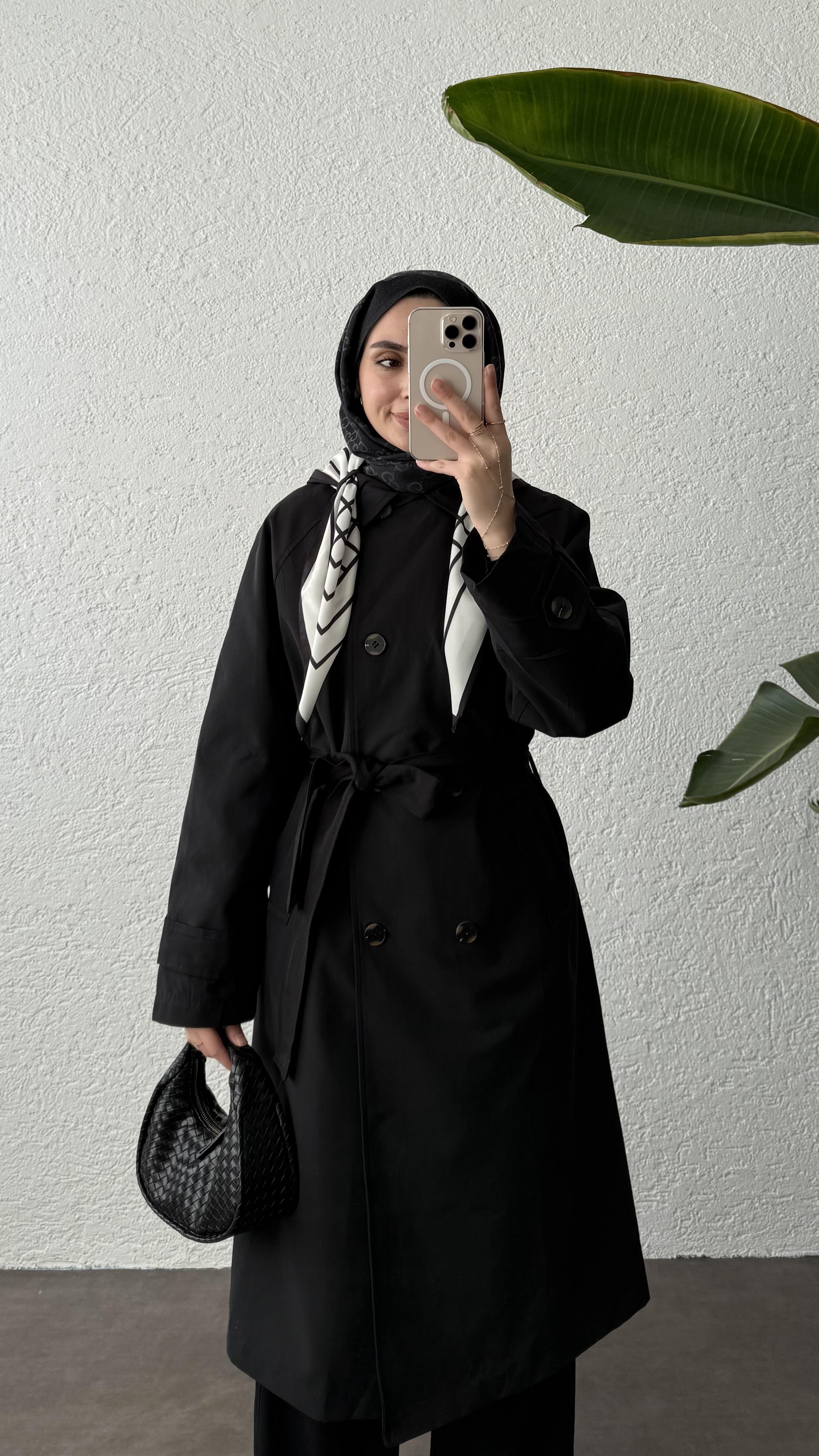 FULARLI TRENÇKOT - SİYAH