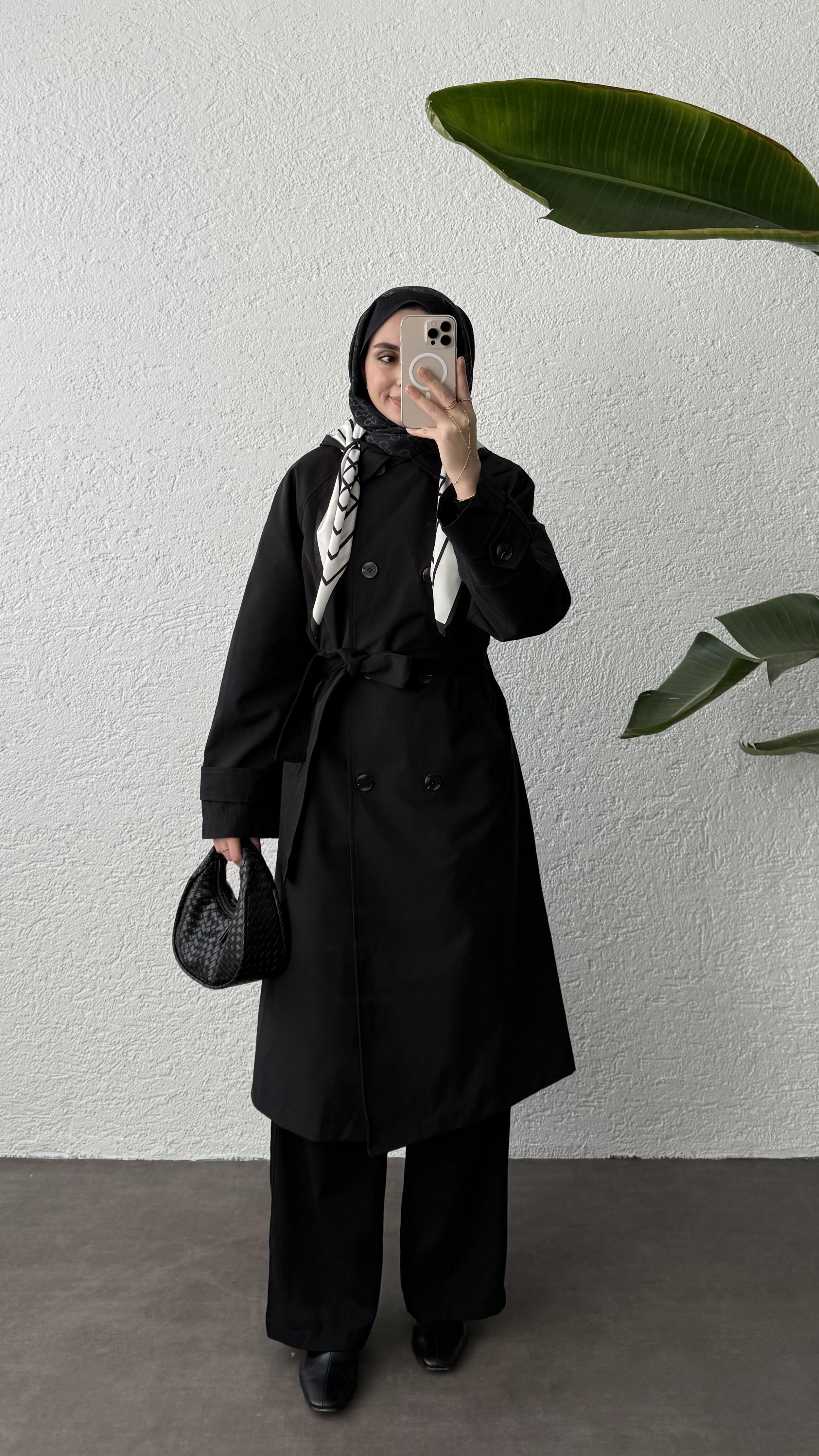 FULARLI TRENÇKOT - SİYAH