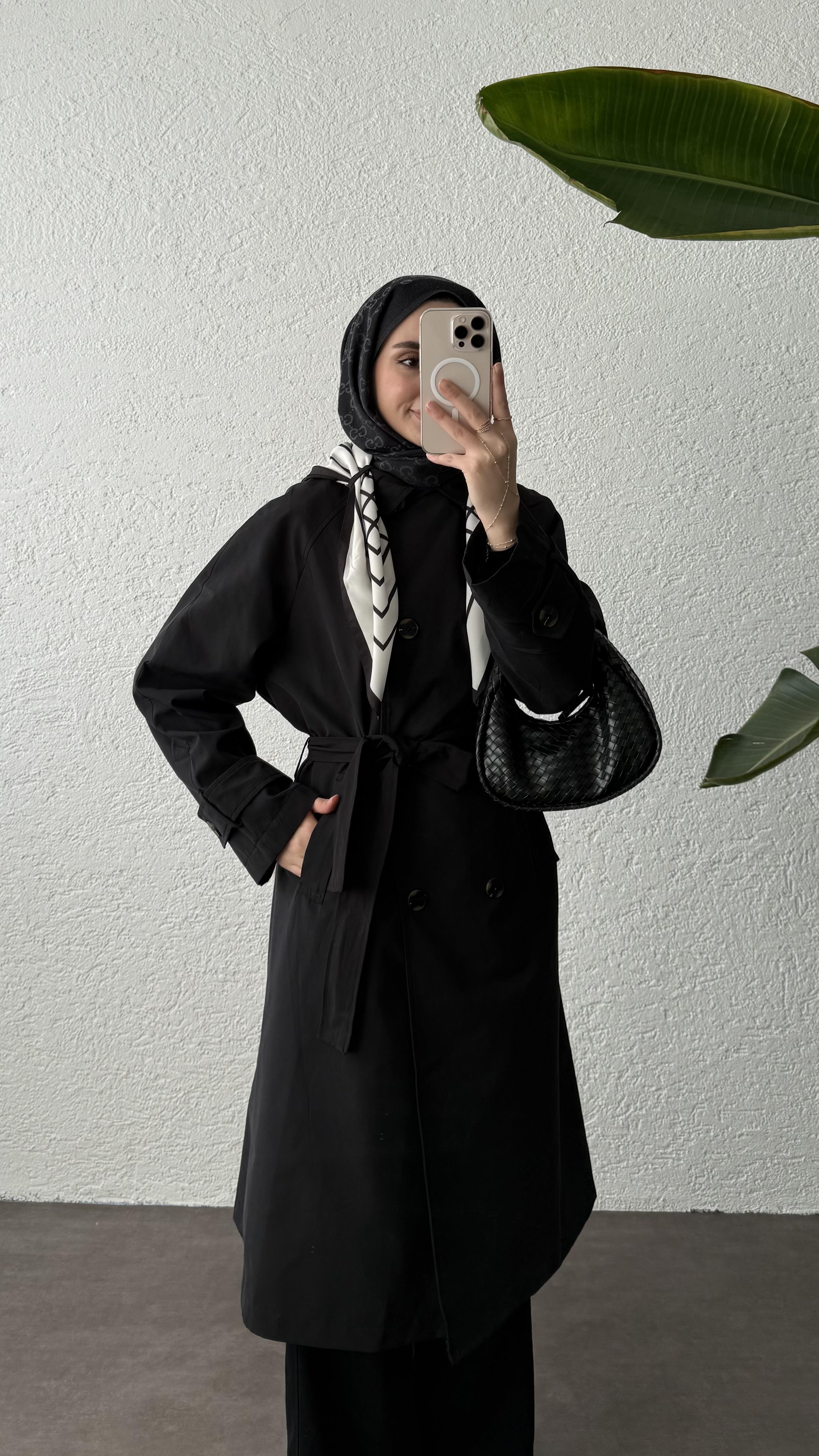 FULARLI TRENÇKOT - SİYAH