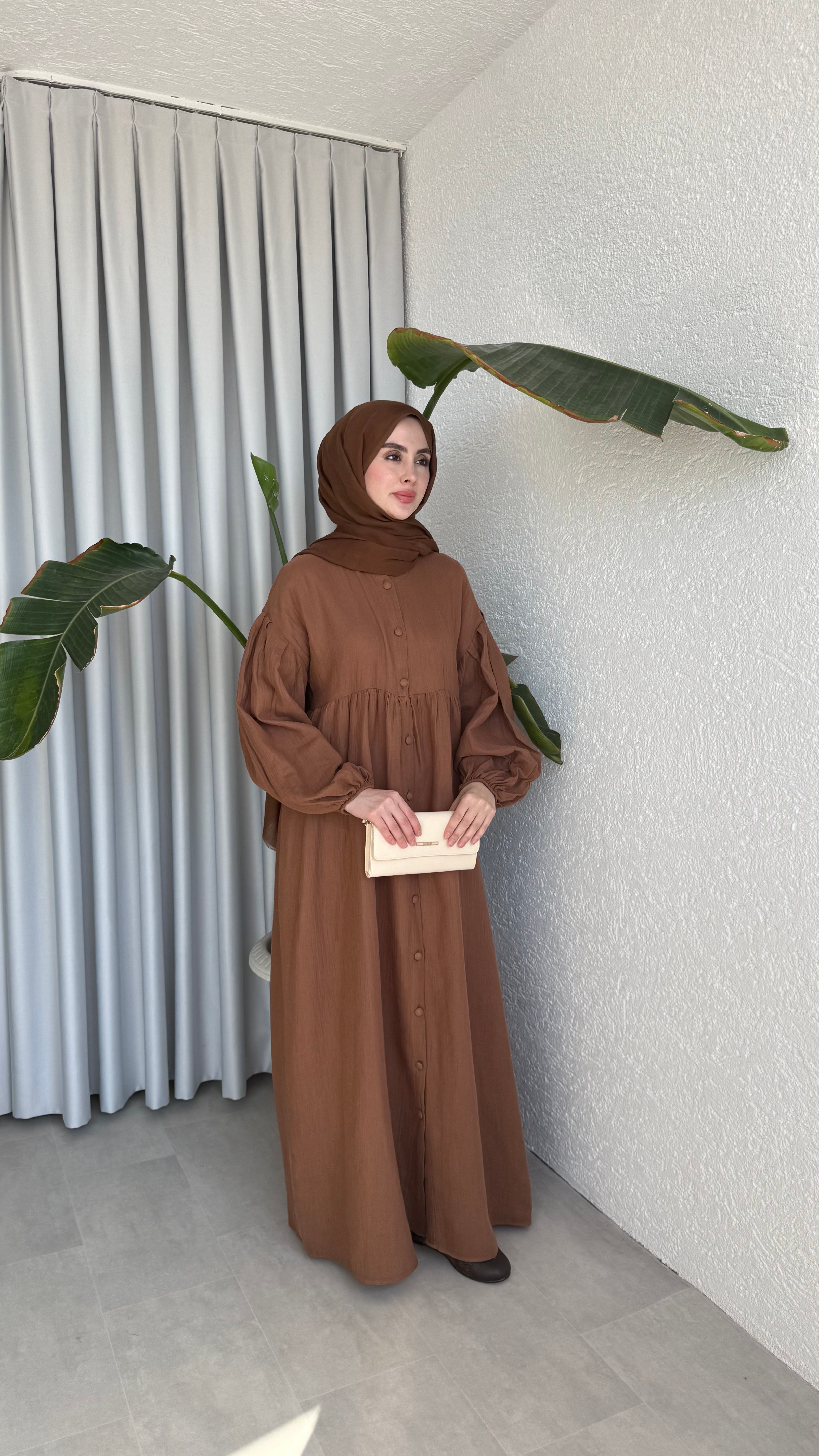 FARAH MÜSLİN ELBİSE - KAHVE
