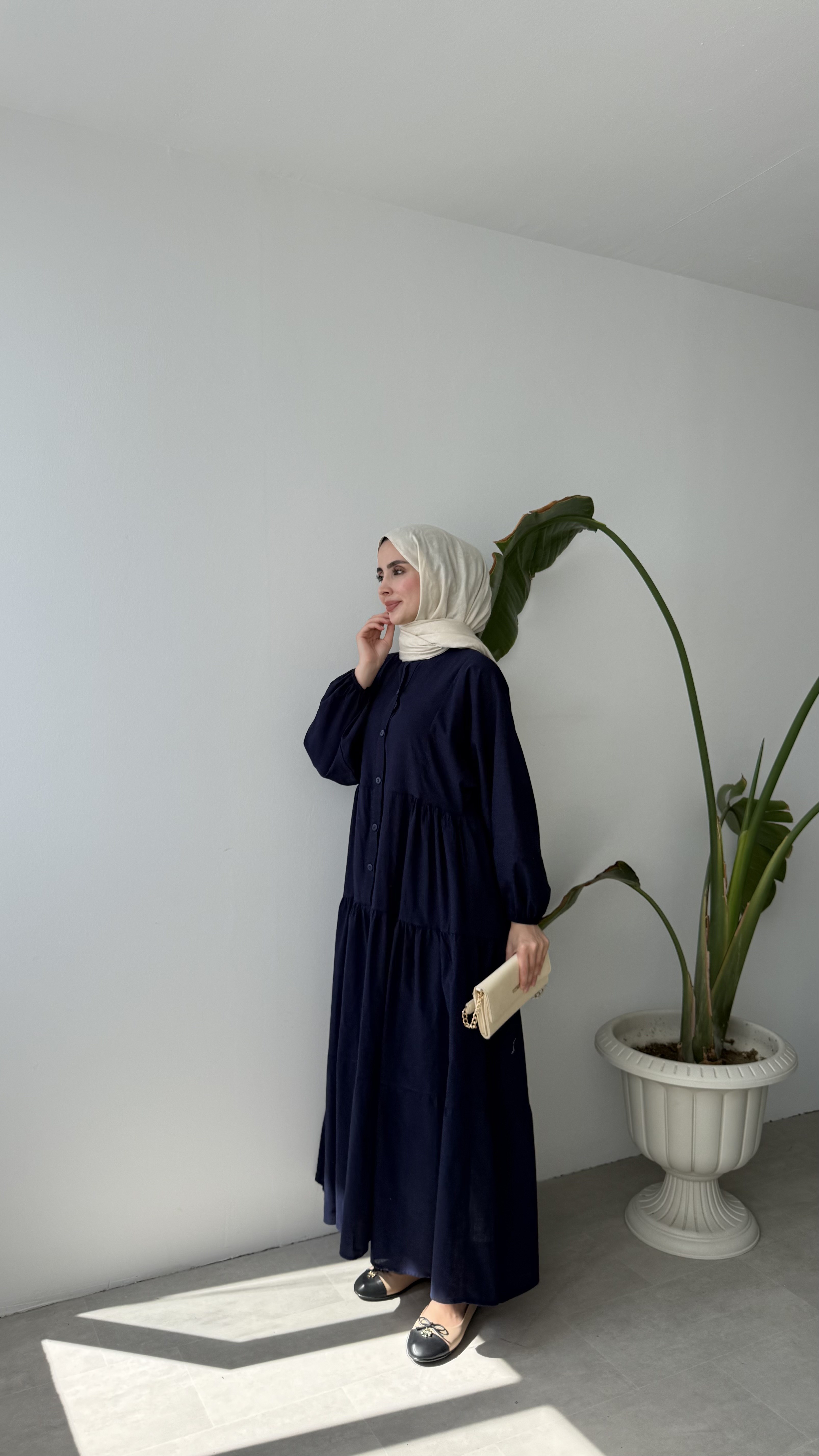 KAT DETAYLI BÜZGÜLÜ ELBİSE - LACİVERT