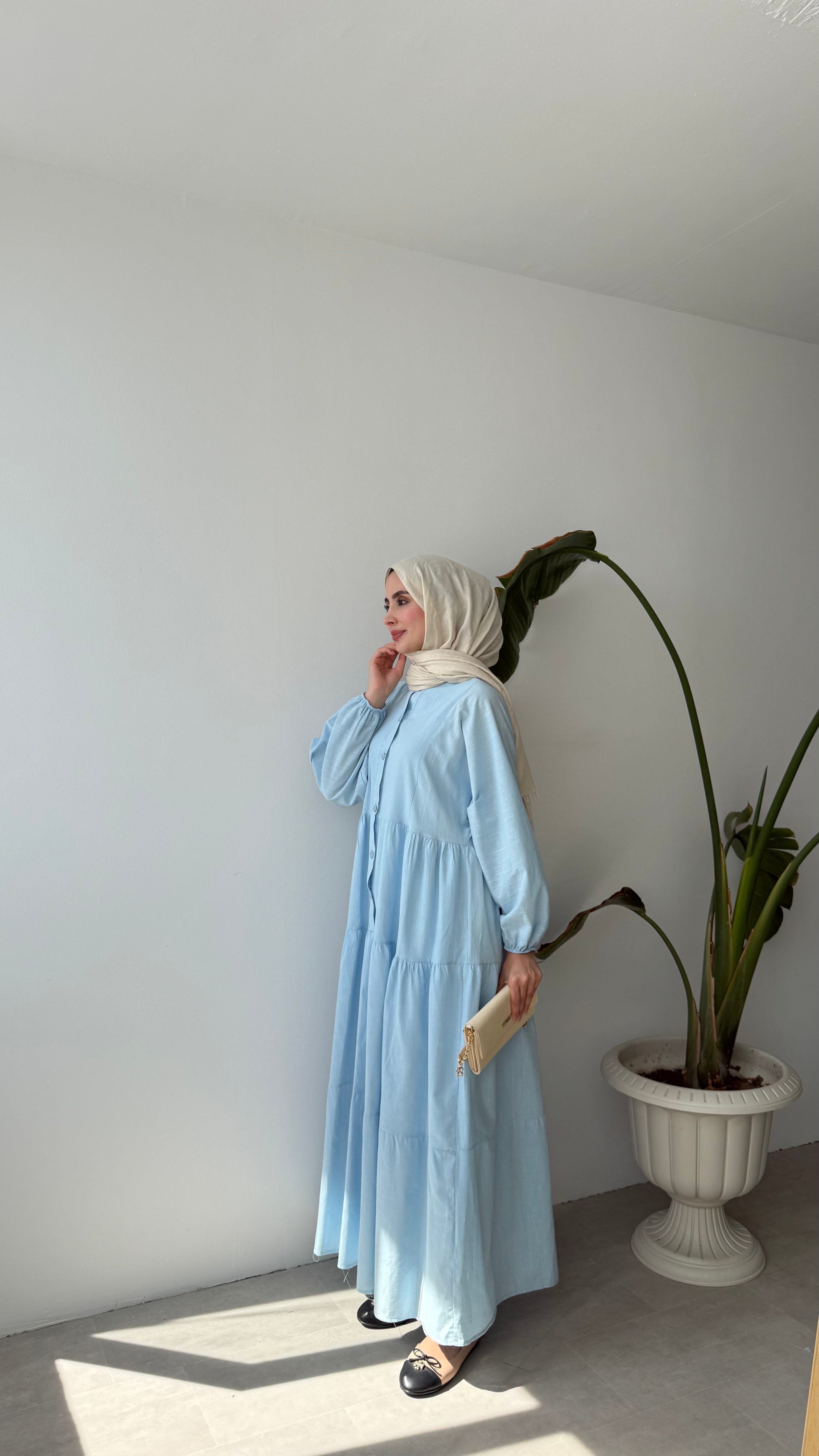 KAT DETAYLI BÜZGÜLÜ ELBİSE - MAVİ