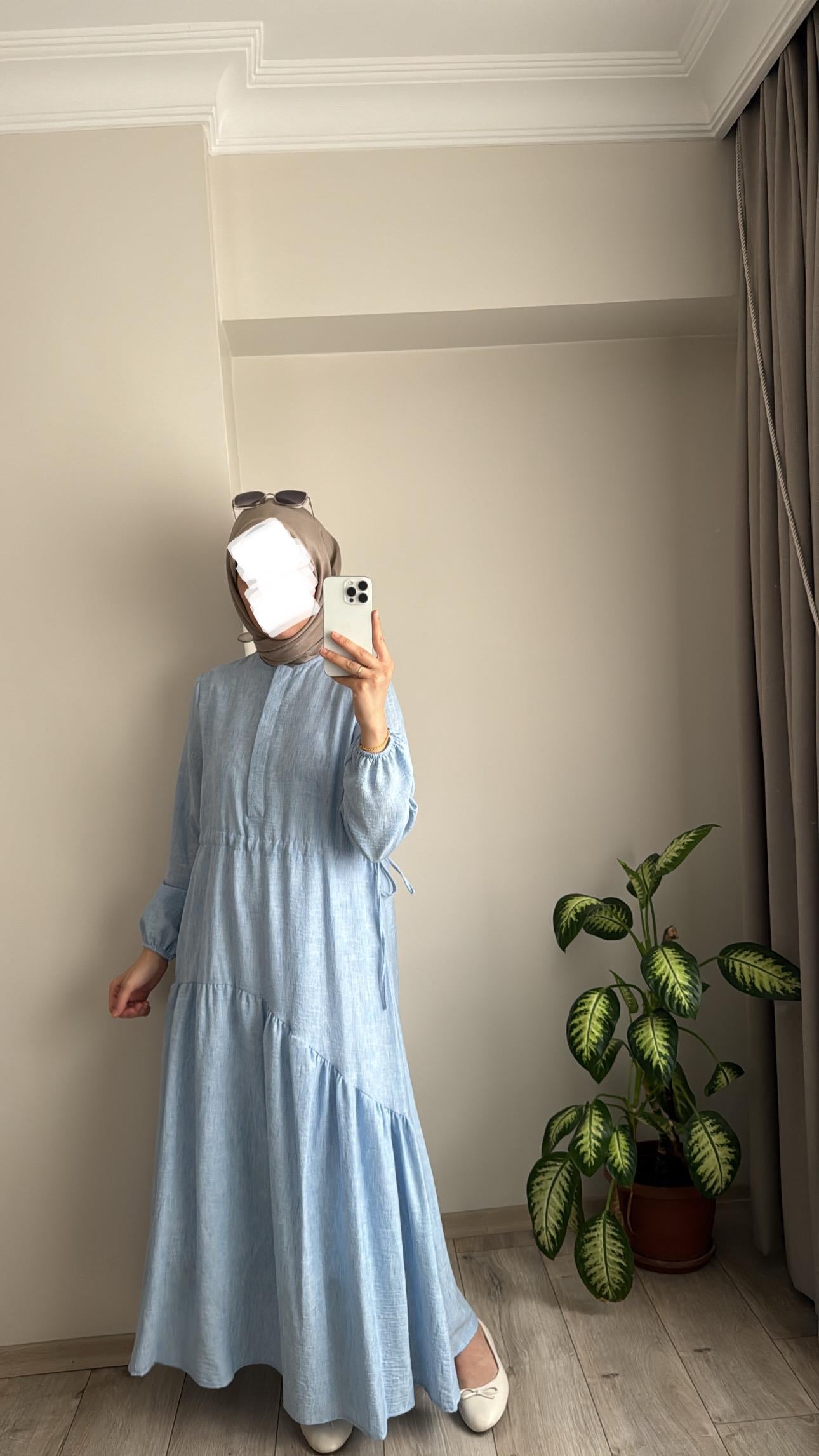 KETEN ELBİSE - MAVİ