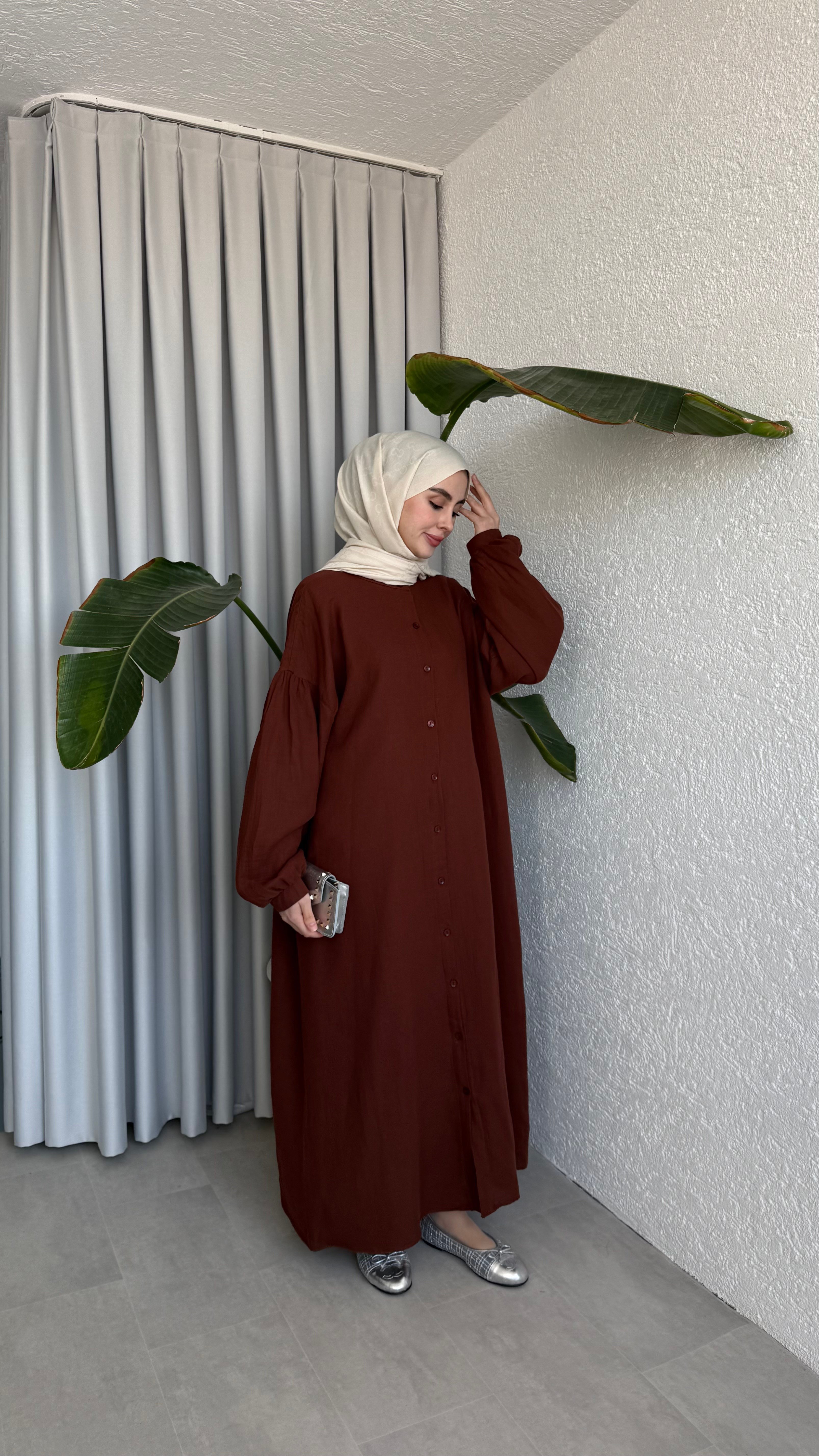 ÖNÜ DÜĞMELİ MÜSLİN ELBİSE - KİREMİT