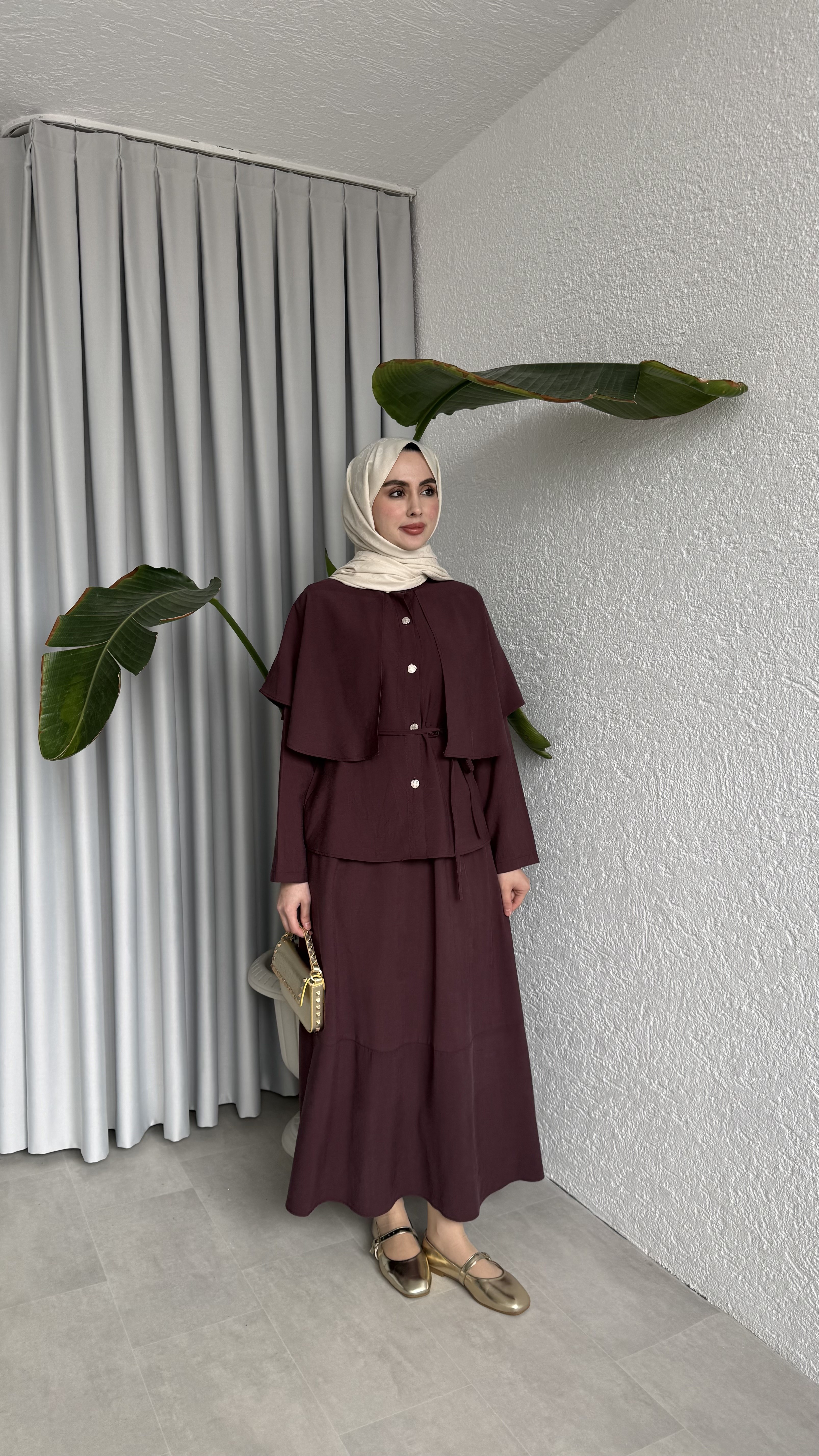 PELERİN DETAYLI ETEK TAKIM - MÜRDÜM