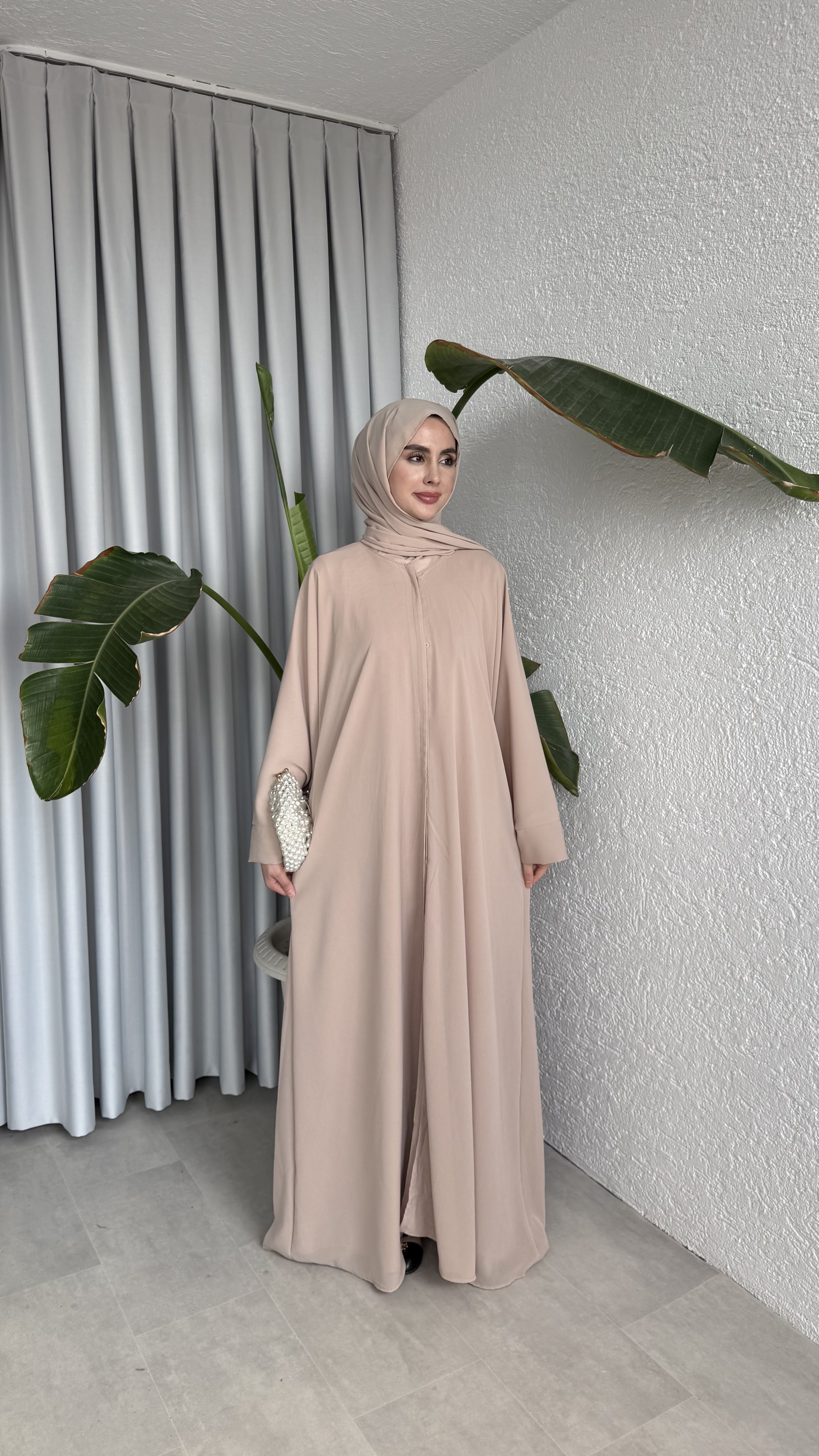 DÜĞMELİ ŞİFON ABAYA - BEJ