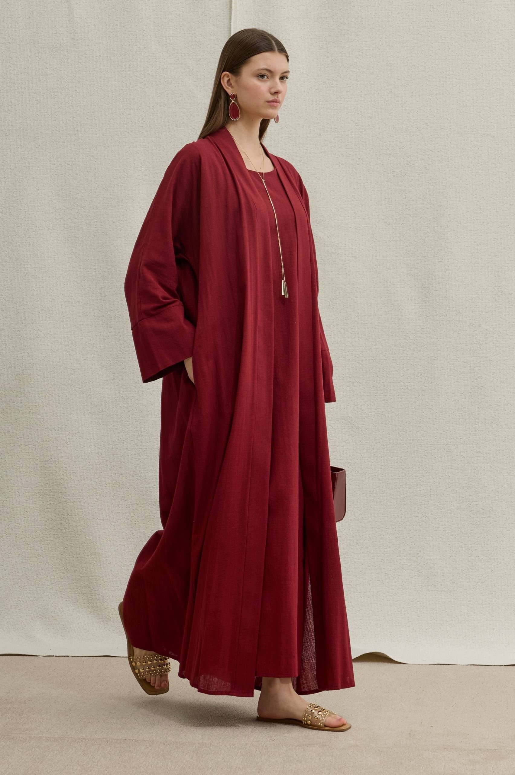 SAFA %100 KETEN ABAYA TAKIM -  BORDO