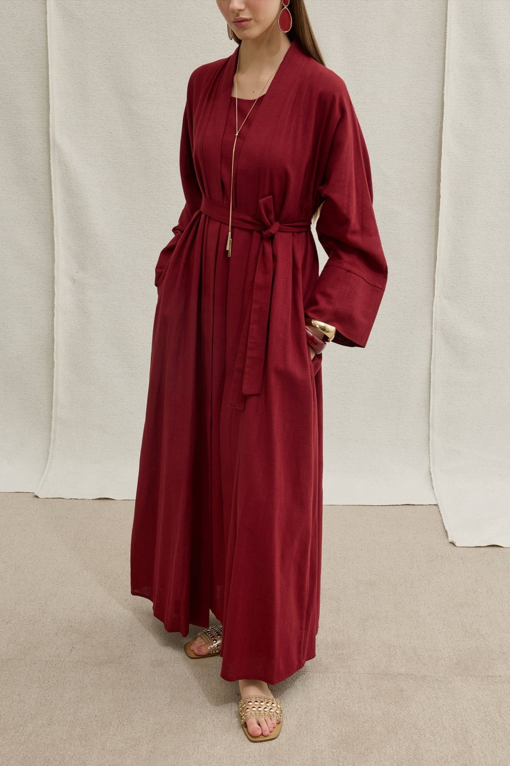 SAFA %100 KETEN ABAYA TAKIM -  BORDO