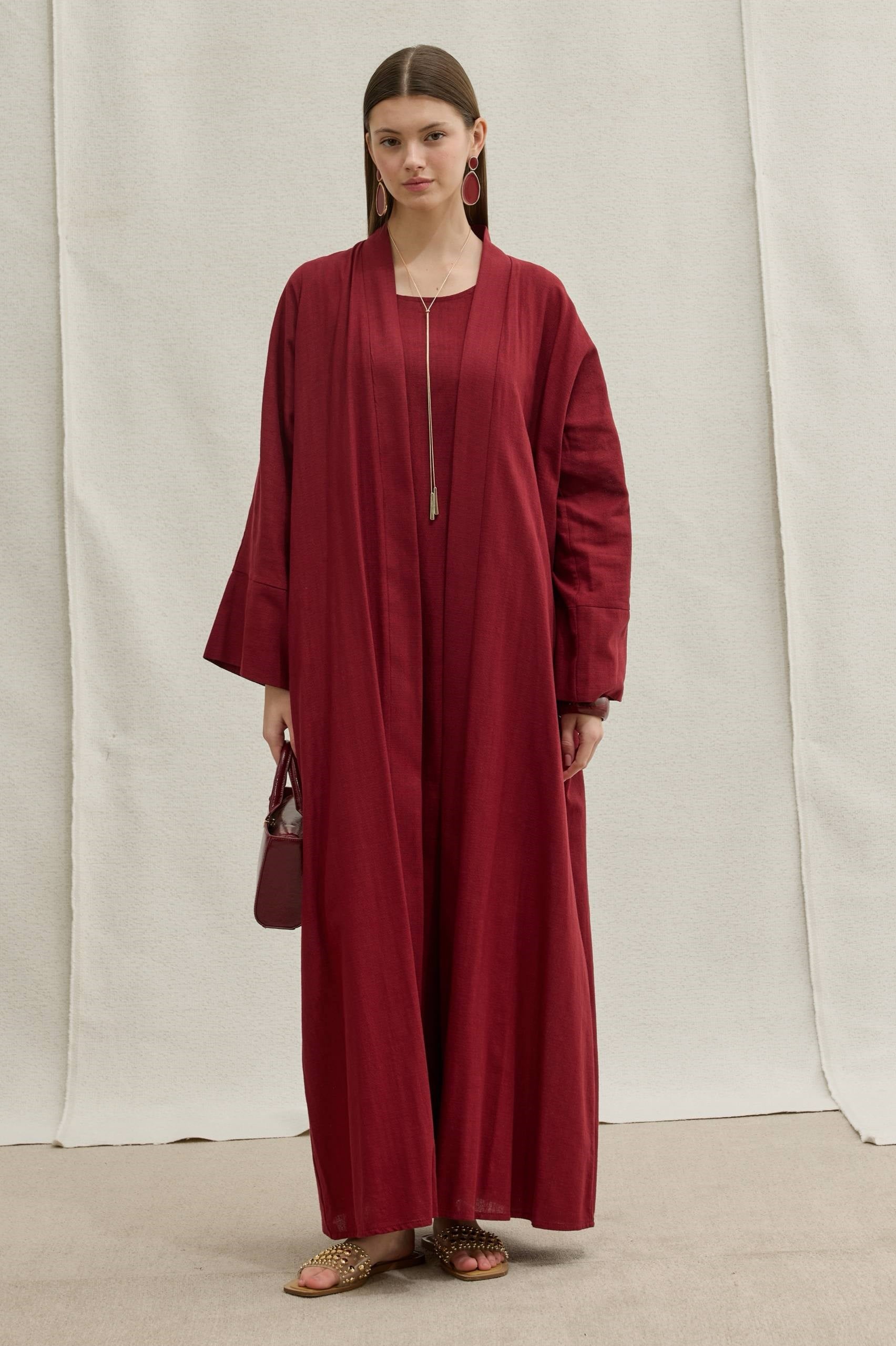 SAFA %100 KETEN ABAYA TAKIM -  BORDO