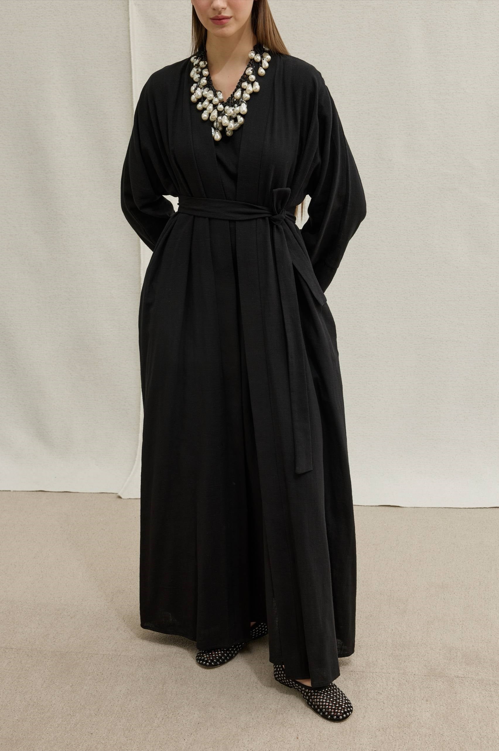 SAFA %100 KETEN ABAYA TAKIM -  SİYAH