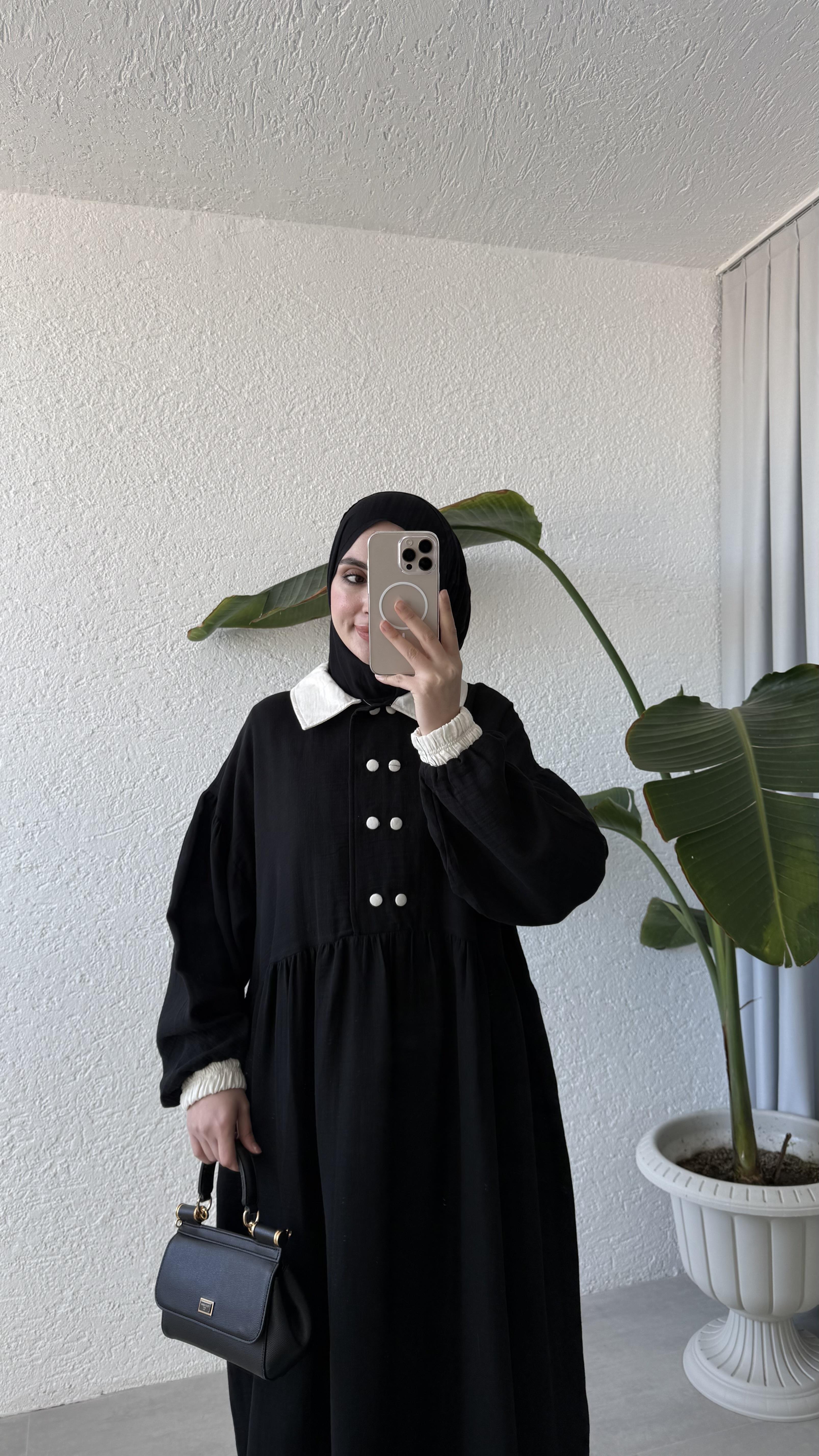 VİNTAGE YAKA MÜSLİN ELBİSE - SİYAH