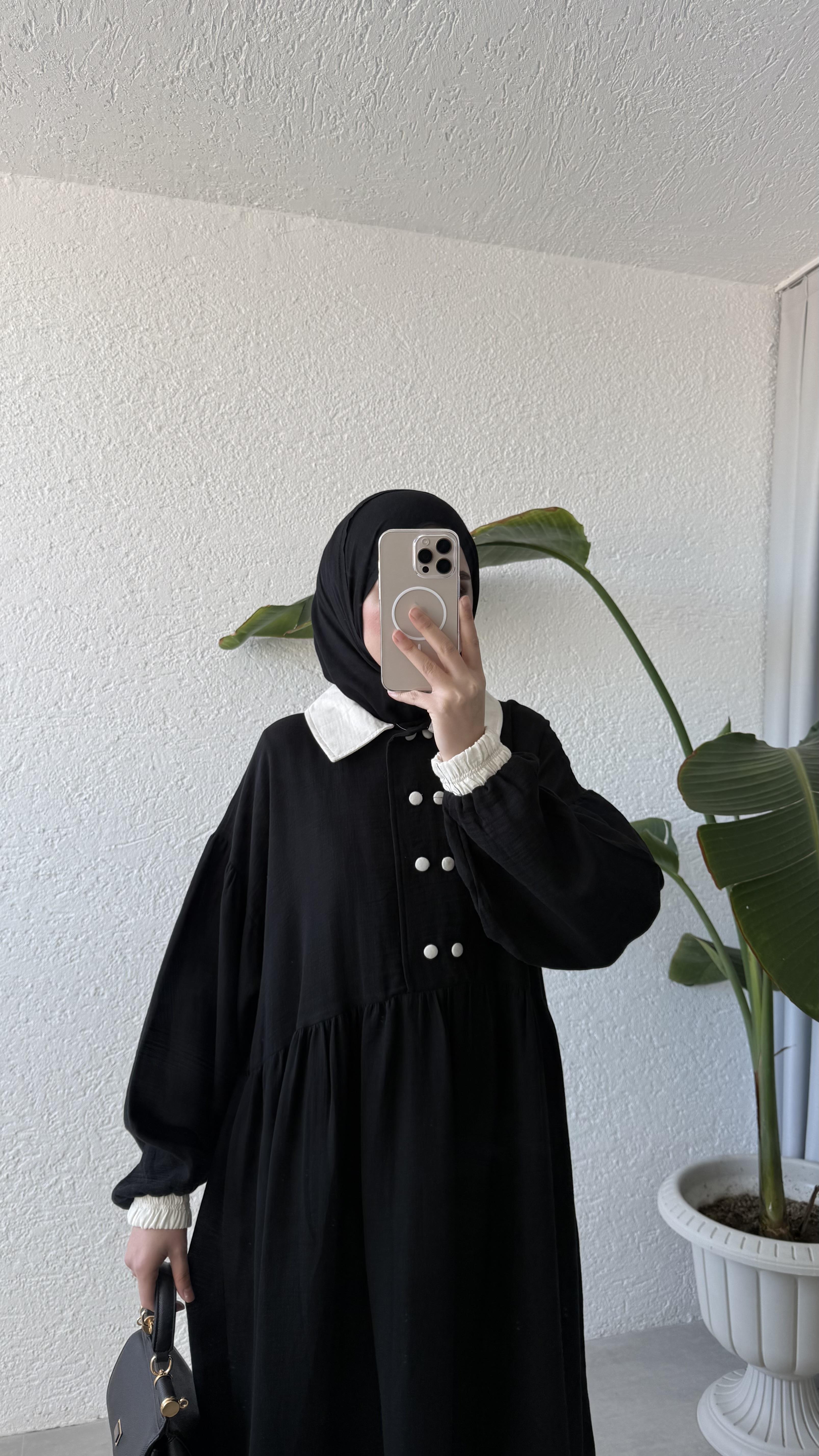 VİNTAGE YAKA MÜSLİN ELBİSE - SİYAH