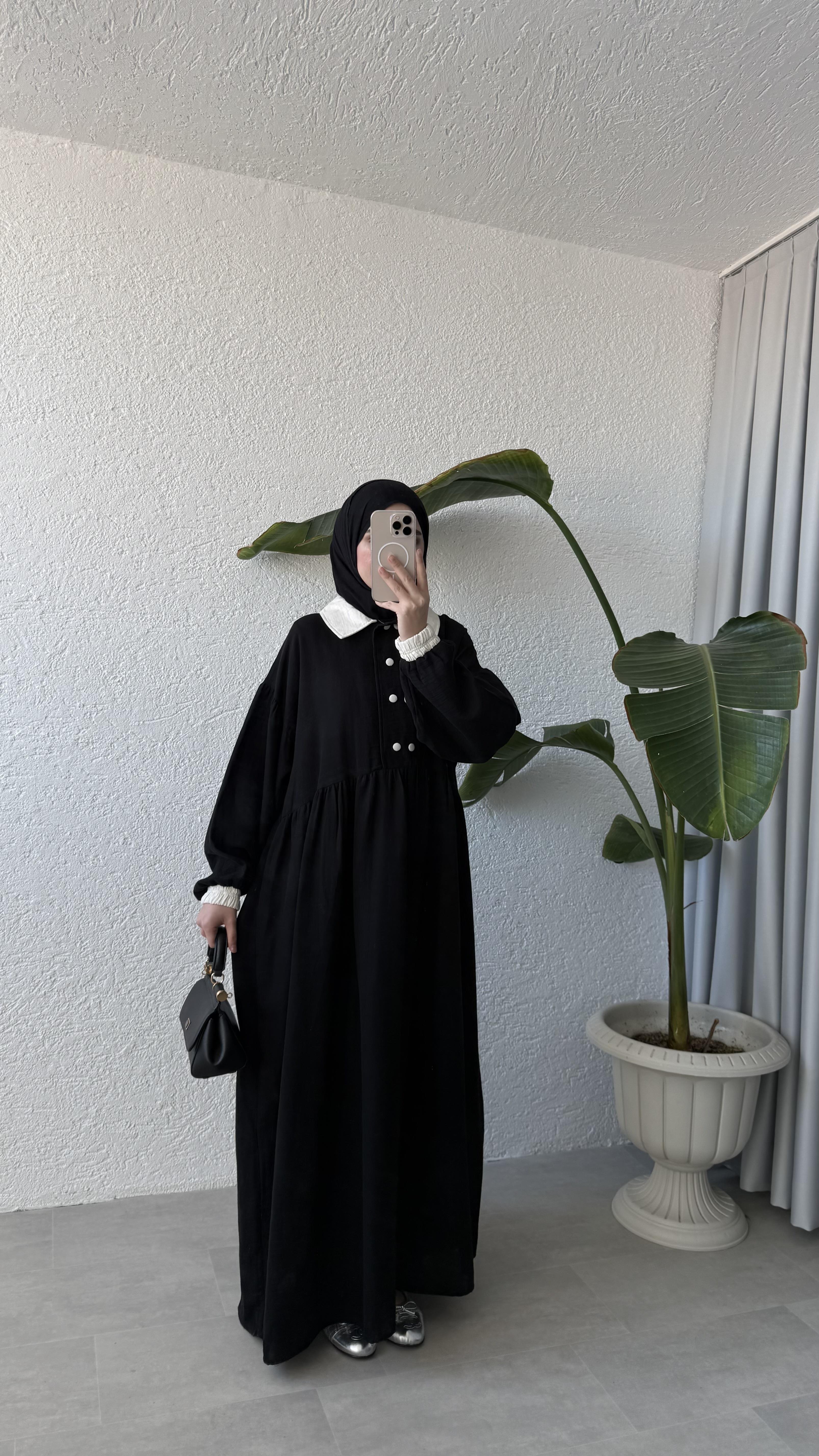 VİNTAGE YAKA MÜSLİN ELBİSE - SİYAH