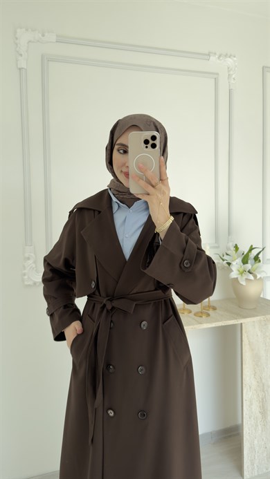 POLİVİSKON OVERSİZE TRENÇKOT - KAHVE 