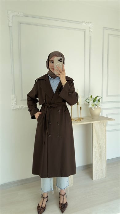 POLİVİSKON OVERSİZE TRENÇKOT - KAHVE 