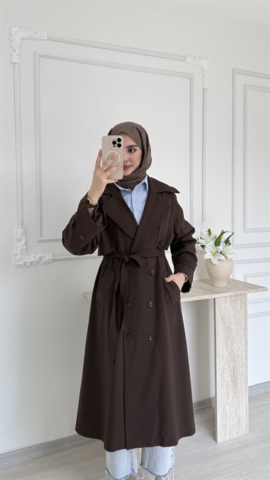 POLİVİSKON OVERSİZE TRENÇKOT - KAHVE 