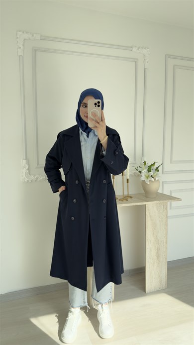 POLİVİSKON OVERSİZE TRENÇKOT - LACİVERT 