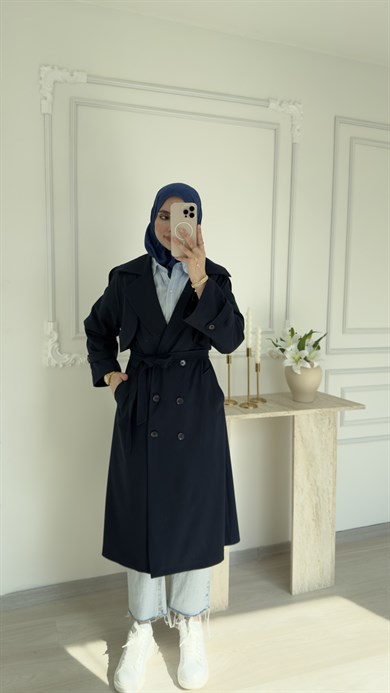 POLİVİSKON OVERSİZE TRENÇKOT - LACİVERT 