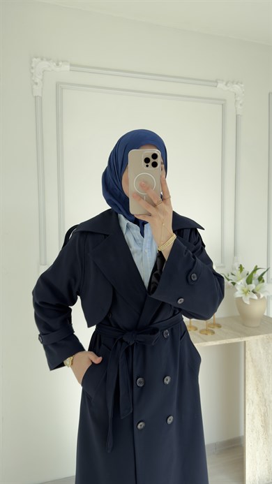 POLİVİSKON OVERSİZE TRENÇKOT - LACİVERT 