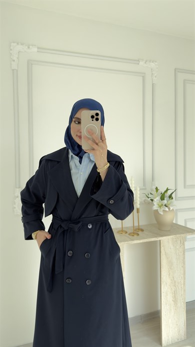 POLİVİSKON OVERSİZE TRENÇKOT - LACİVERT 