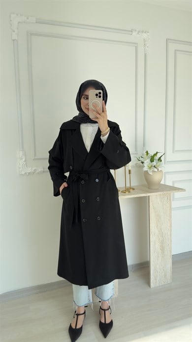 POLİVİSKON OVERSİZE TRENÇKOT - SİYAH