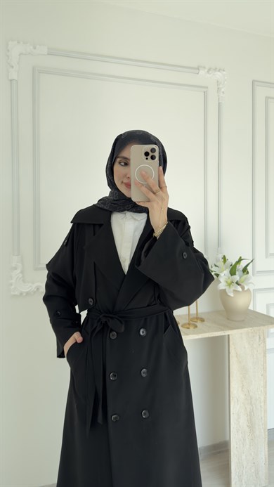 POLİVİSKON OVERSİZE TRENÇKOT - SİYAH