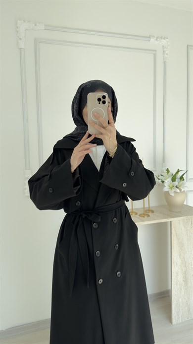 POLİVİSKON OVERSİZE TRENÇKOT - SİYAH