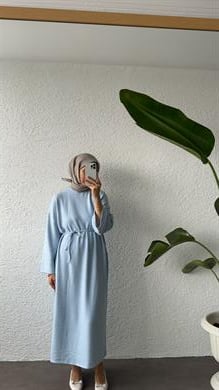 ATKI DETAYLI HİLL ELBİSE - SOFT MAVİ