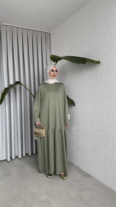 BİYE KEMERLİ İKİ İPLİK ELBİSE - HAKİ 