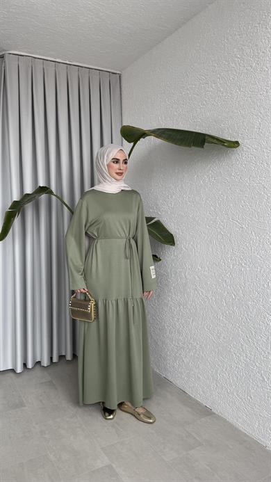 BİYE KEMERLİ İKİ İPLİK ELBİSE - HAKİ 