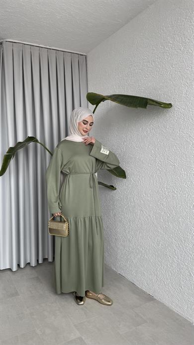 BİYE KEMERLİ İKİ İPLİK ELBİSE - HAKİ 