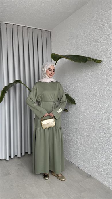 BİYE KEMERLİ İKİ İPLİK ELBİSE - HAKİ 