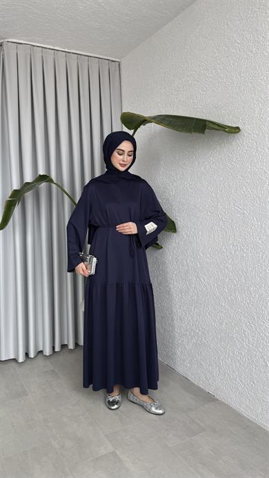 BİYE KEMERLİ İKİ İPLİK ELBİSE - LACİVERT 