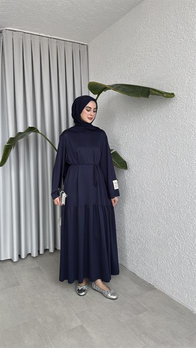 BİYE KEMERLİ İKİ İPLİK ELBİSE - LACİVERT 