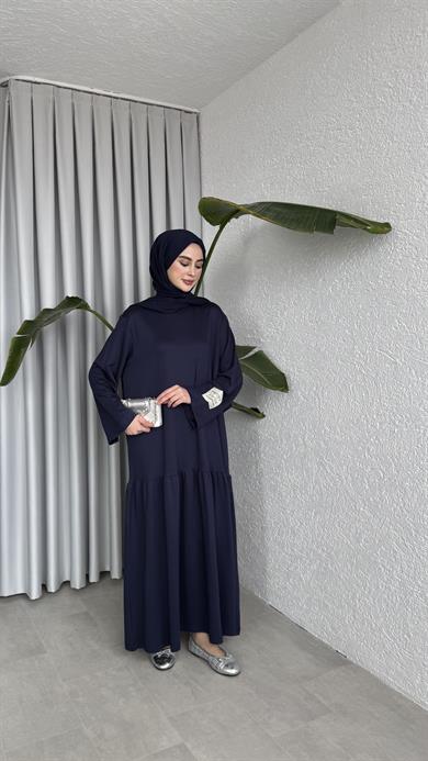 BİYE KEMERLİ İKİ İPLİK ELBİSE - LACİVERT 