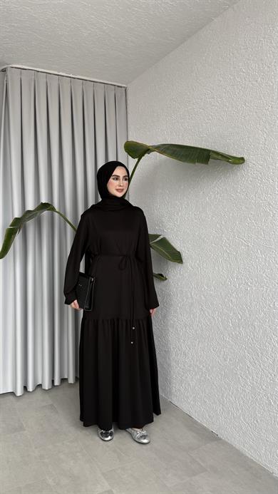 BİYE KEMERLİ İKİ İPLİK ELBİSE - SİYAH