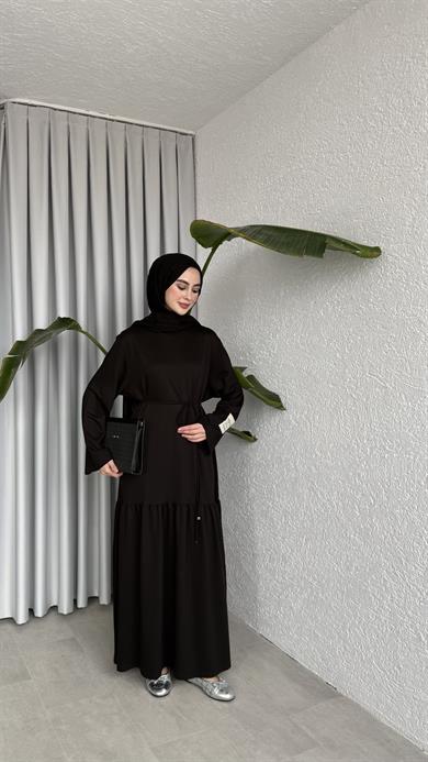 BİYE KEMERLİ İKİ İPLİK ELBİSE - SİYAH