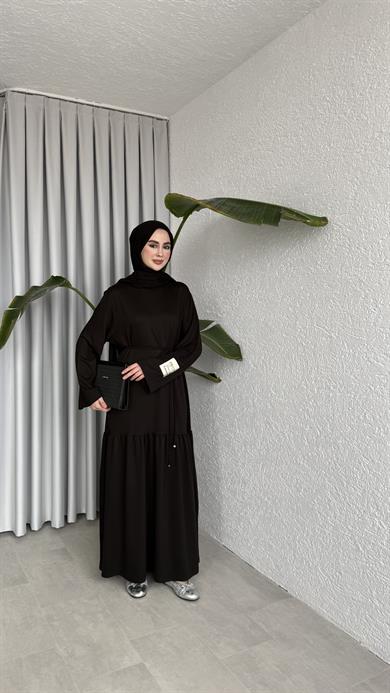 BİYE KEMERLİ İKİ İPLİK ELBİSE - SİYAH