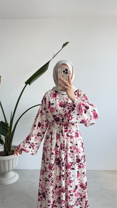 ÇİÇEK DESENLİ UZUN ELBİSE - PEMBE