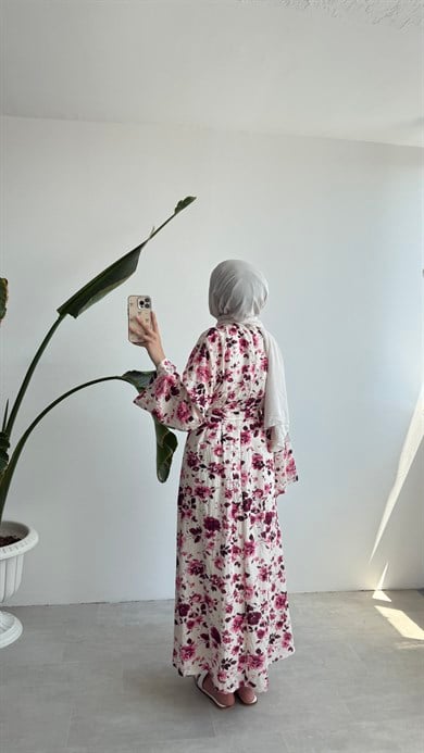 ÇİÇEK DESENLİ UZUN ELBİSE - PEMBE