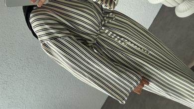 ÇİZGİLİ BİYELİ ELBİSE- BEJ 