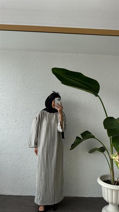 ÇİZGİLİ BİYELİ ELBİSE- BEJ 