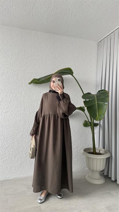 DANTEL DETAYLI MÜSLİN ELBİSE - KAHVE