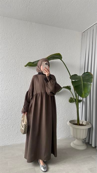 DANTEL DETAYLI MÜSLİN ELBİSE - KAHVE