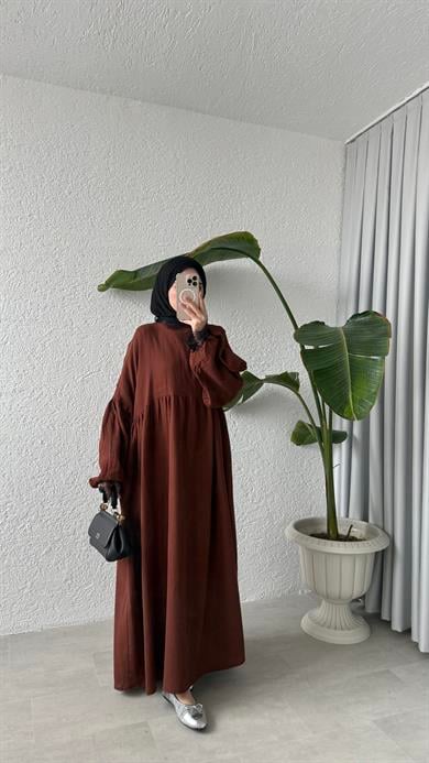 DANTEL DETAYLI MÜSLİN ELBİSE - KİREMİT 