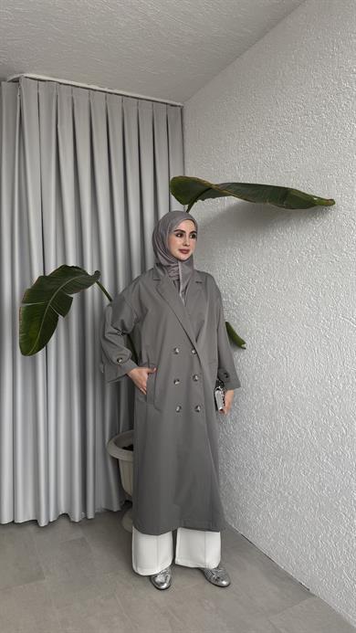 DÜĞMELİ UZUN TRENÇ - ANTRASİT